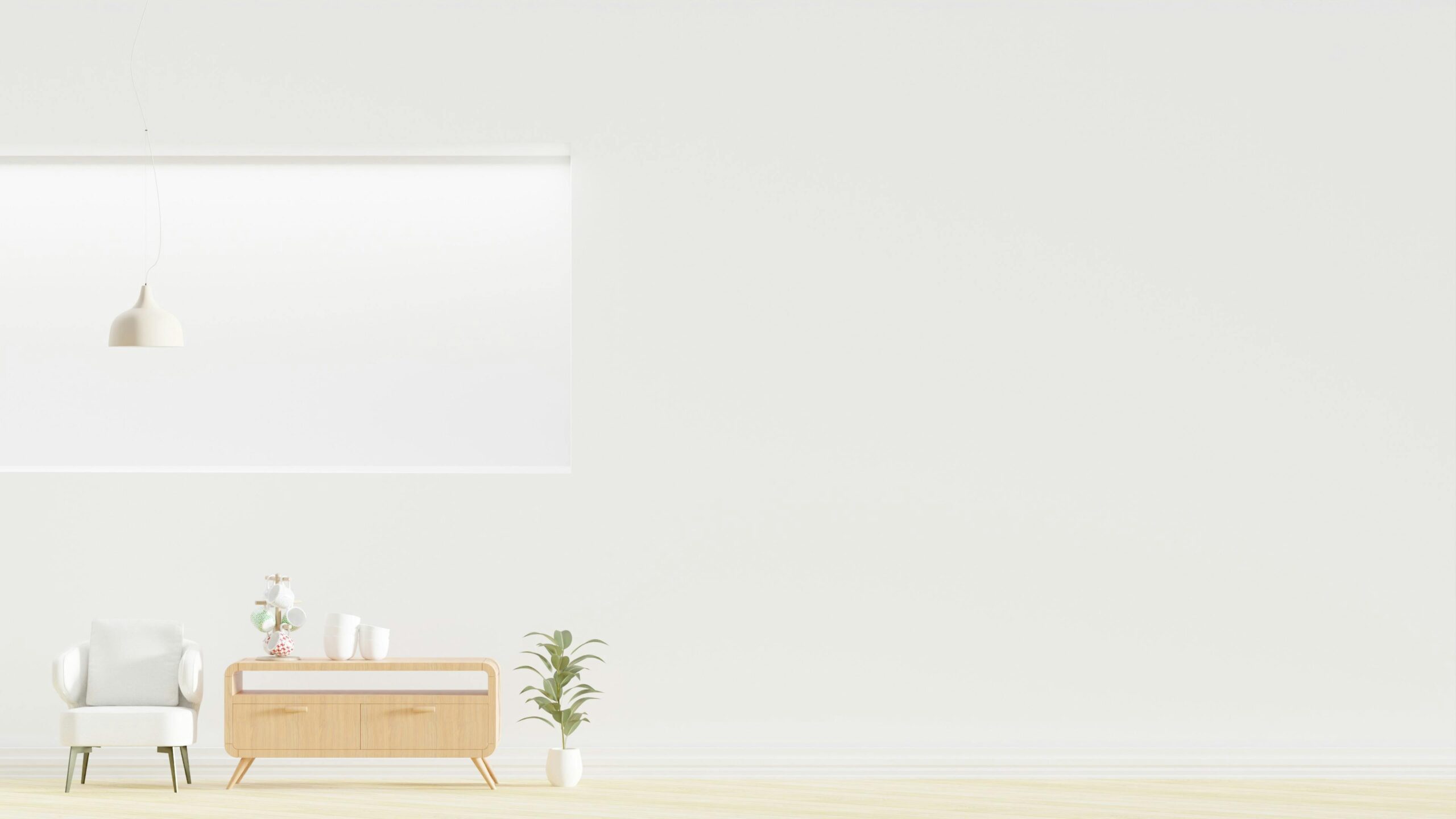Bright minimalist room featuring an armchair, wooden dresser, and greenery.
